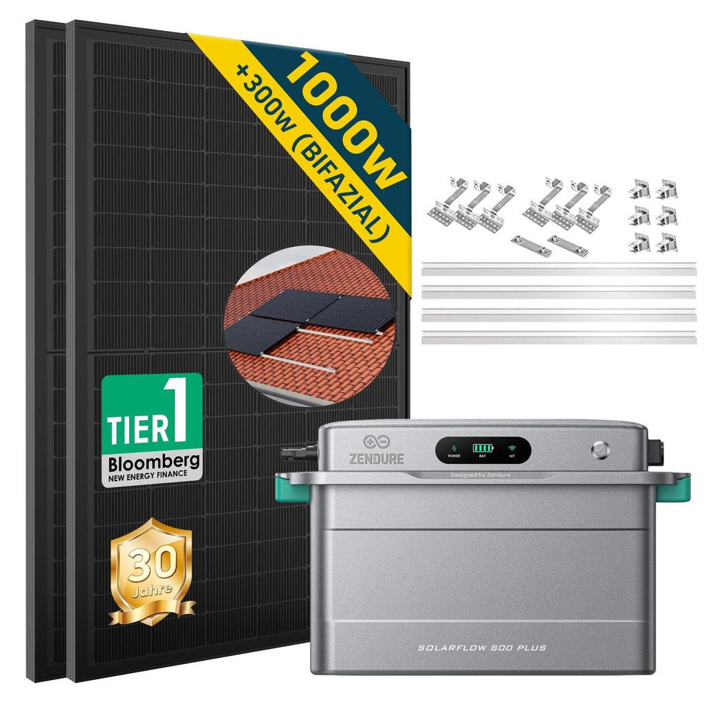 ALLDREI Balkonkraftwerk mit Speicher Zendure SolarFlow 800 PLUS 1.92kWh, 2 MPPT, Komplettset mit 2*500W Bifazialer Solarpanel & Ziegeldach Halterung