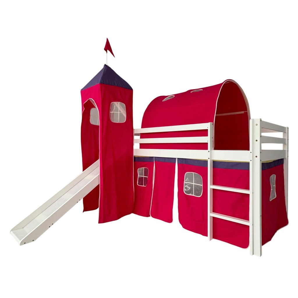 Kinder Hochbett mit Rutsche und Zelt (ohne Matratze) 90x190 cm , weisses Kiefernholz, Spielbett mit Leiter und Baumwollzelt im Schlossdesign