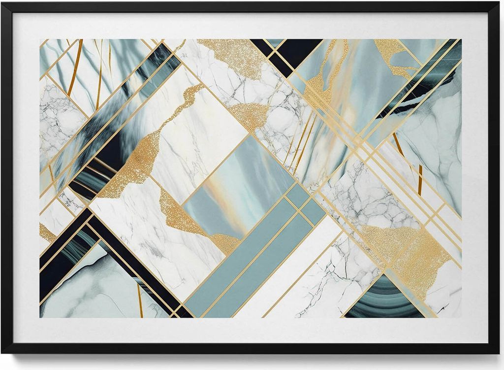 Geometrische Abstraktion mit Gold– Wandbild mit Rahmen – Gerahmtes Bild – Wanddekoration – 100x70 cm – Schwarz Rahmen