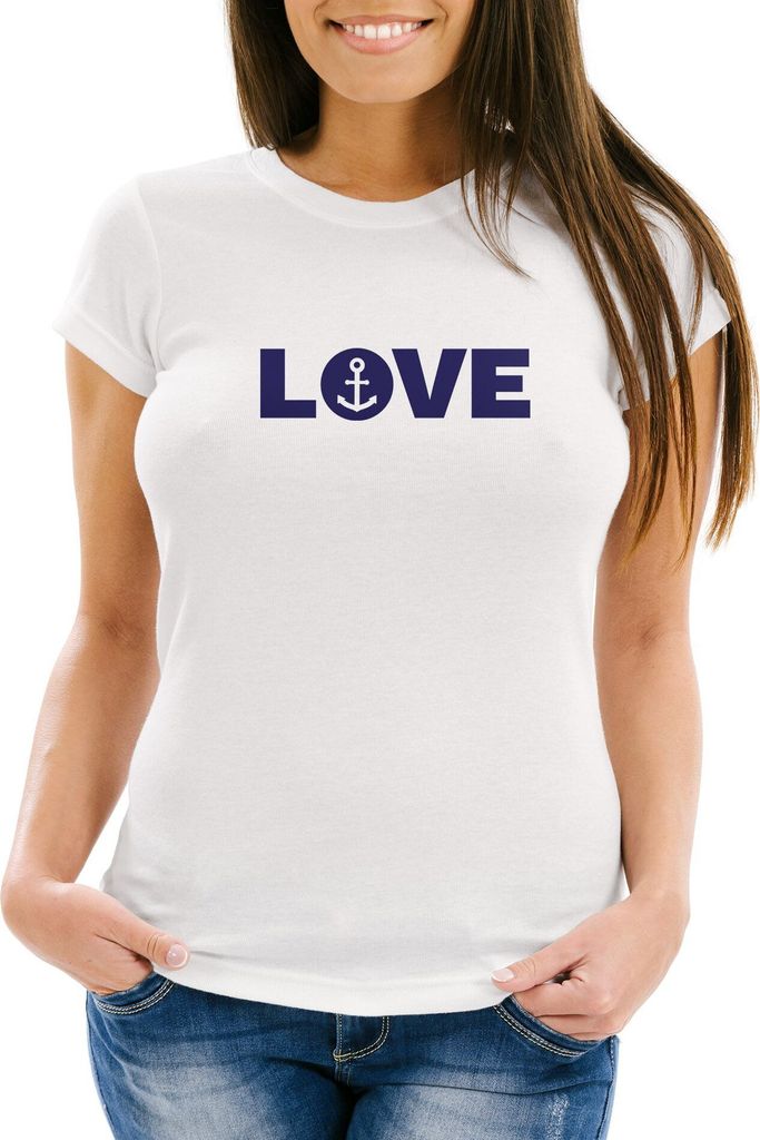 Damen T-Shirt Aufdruck Love Anker Liebe Statement Botschaft Print maritim Frauen Fun-Shirt Moonworks Kreis weiß XXL