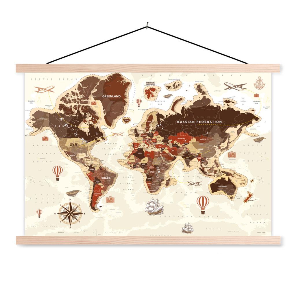 MuchoWow Textilposter Weltkarte - Vintage - Kompass 60x40 cm mit holzfarbenen Rahmen - Bilder