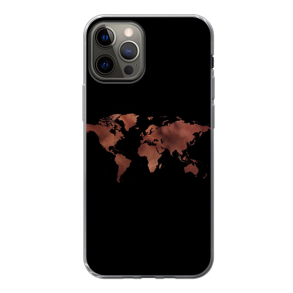 MuchoWow Handyhülle Schutzhülle Hülle für iPhone 12 Pro Weltkarte - Leder - Schwarz Silikon Softcase Handy Hülle - Abdeckung