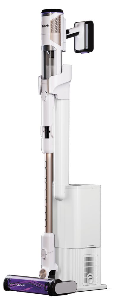 A white cordless vacuum cleaner with accessories, displayed against a white background.