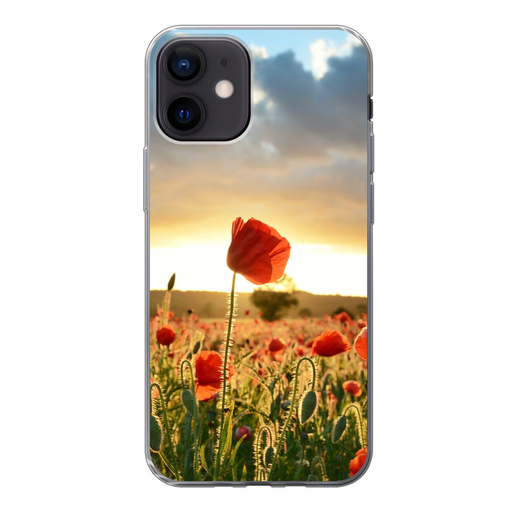 MuchoWow Handyhülle Schutzhülle Hülle für iPhone 12 Bunter Himmel über vielen Mohnblumen Silikon Softcase Handy Hülle - Schutzhülle