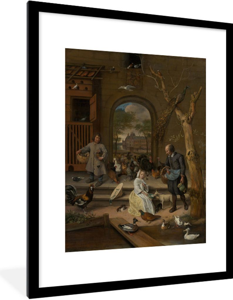 MuchoWow Gerahmtes Poster Der Hühnerhof - Jan Steen 60x80 cm - Poster mit Schwarzem Bilderrahmen Wandposter Rahmen Foto Bilder - Wohnzimmer - De...