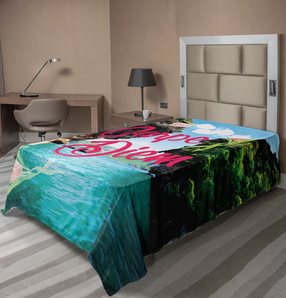 ABAKUHAUS Sprichwort Bettlaken, Foto von Carpe Diem Typografie auf Tropic secenery mit Ozean und Klippen, weiches bequemes oberes Bettlaken für ei...