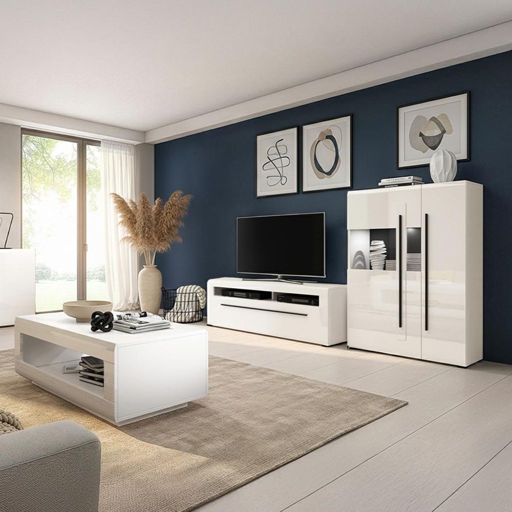 Wohnzimmer Set 3-teilig in Weiß Hochglanz mit 140 cm Lowboard, Highboard & Couchtisch, inkl. Beleuchtung - TURDA-83