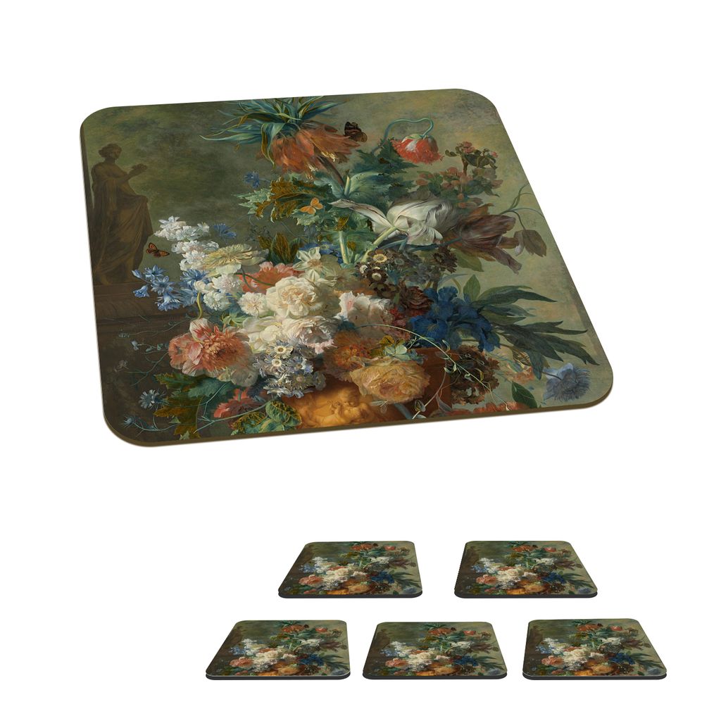 KitchenYeah Glasuntersetzer Quadratisch 6er Set Stilleben mit Blumen - Gemälde von Jan van Huysum 10x10 cm Untersetzer für Gläser - Getränke...