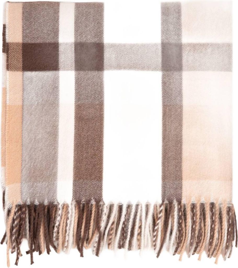 A folded plaid blanket with fringe.