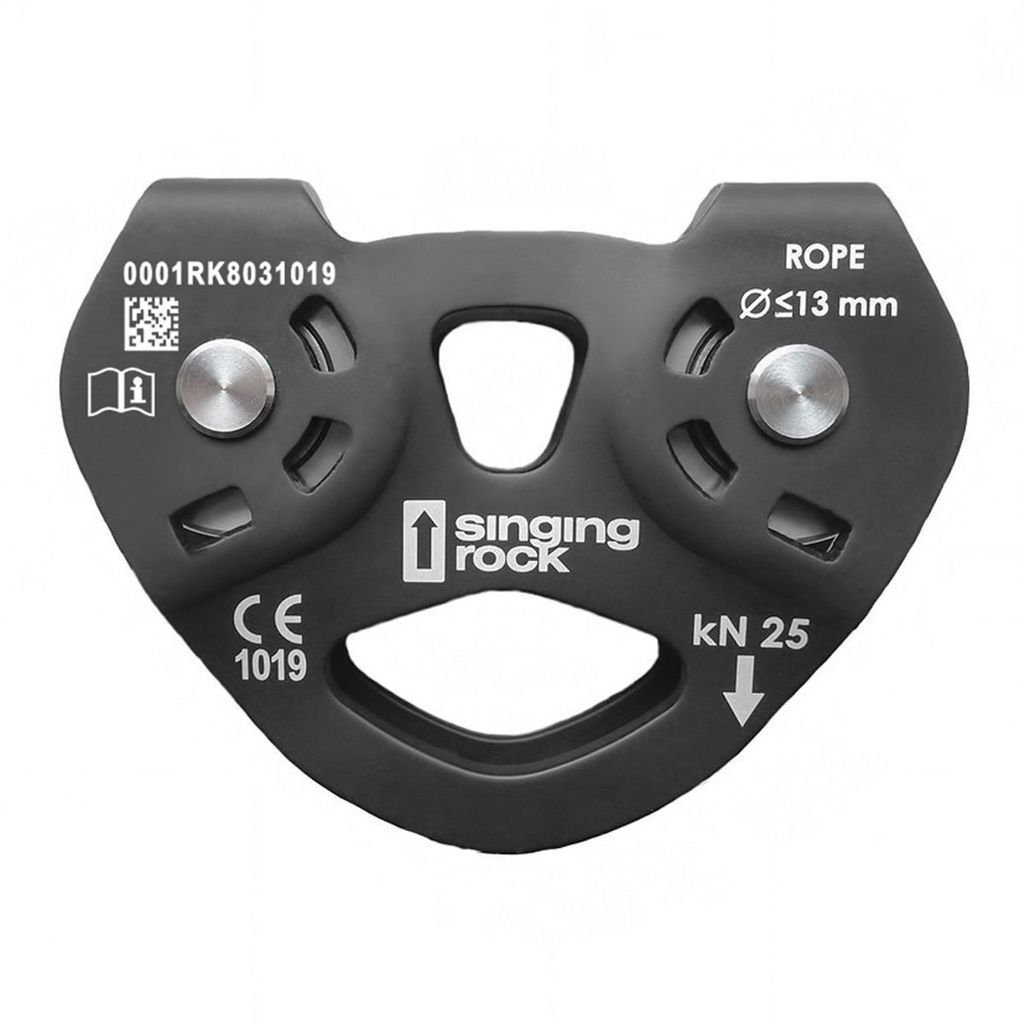 Tandem Seilbahnrolle von singing rock; geeignet für Seile bis Ø 13 mm; mit einer maximalen Belastung von 25 kN.