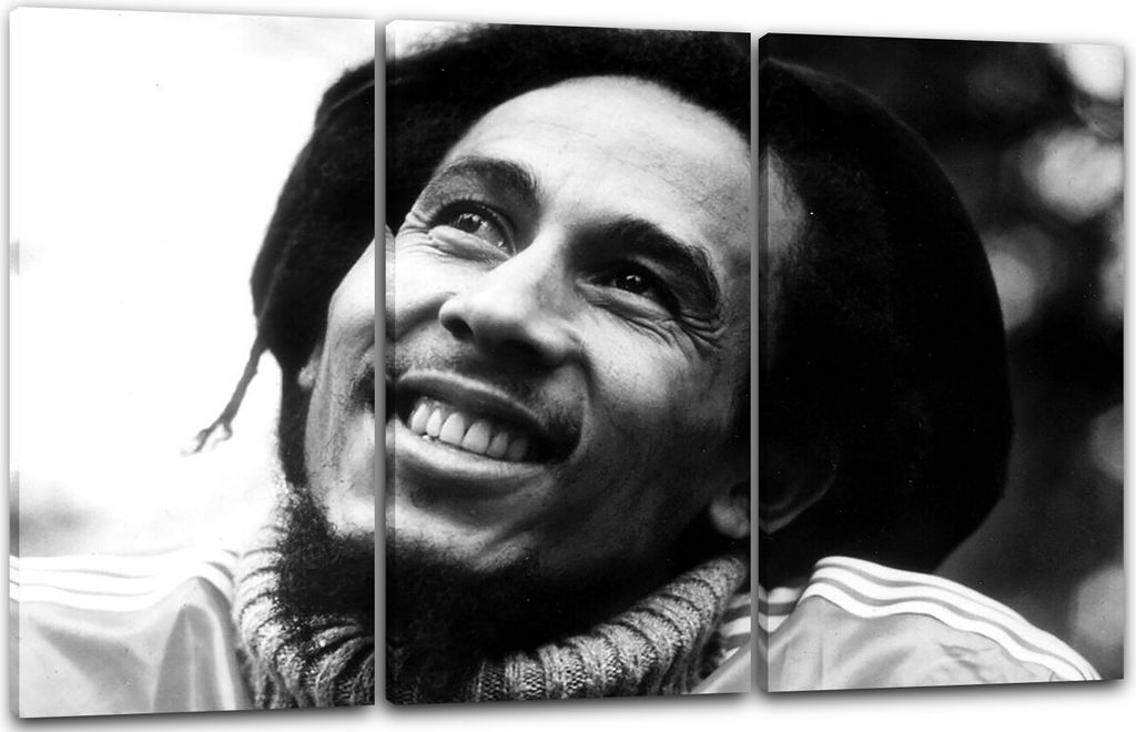 Leinwandbild 3-teilig (120x80cm): Bob Marley schwarz-weiß mit Trainingsjacke Woll-Pullover, echter Holz-Keilrahmen inkl. Aufhänger, handgefertigt...