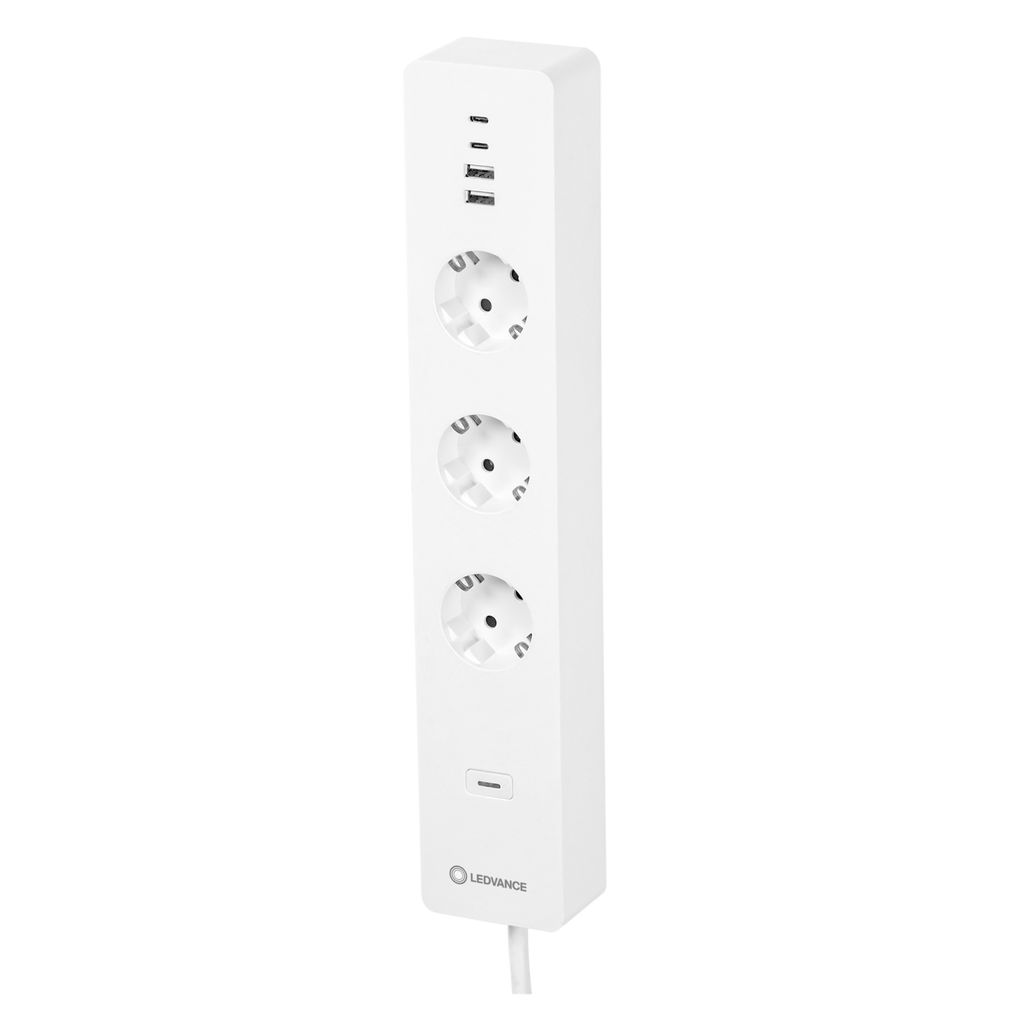 A white power strip with three European-style outlets and two USB ports is shown against a white background.