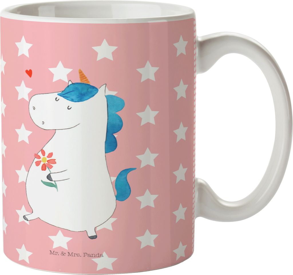 Mr. & Mrs. Panda Pott Einhorn Spaziergang - Rot Pastell - Geschenk, Unicorn, Plastikbecher, Kindertasse, Mehrwegbecher, Blumen, Trinklernbecher, Mu...