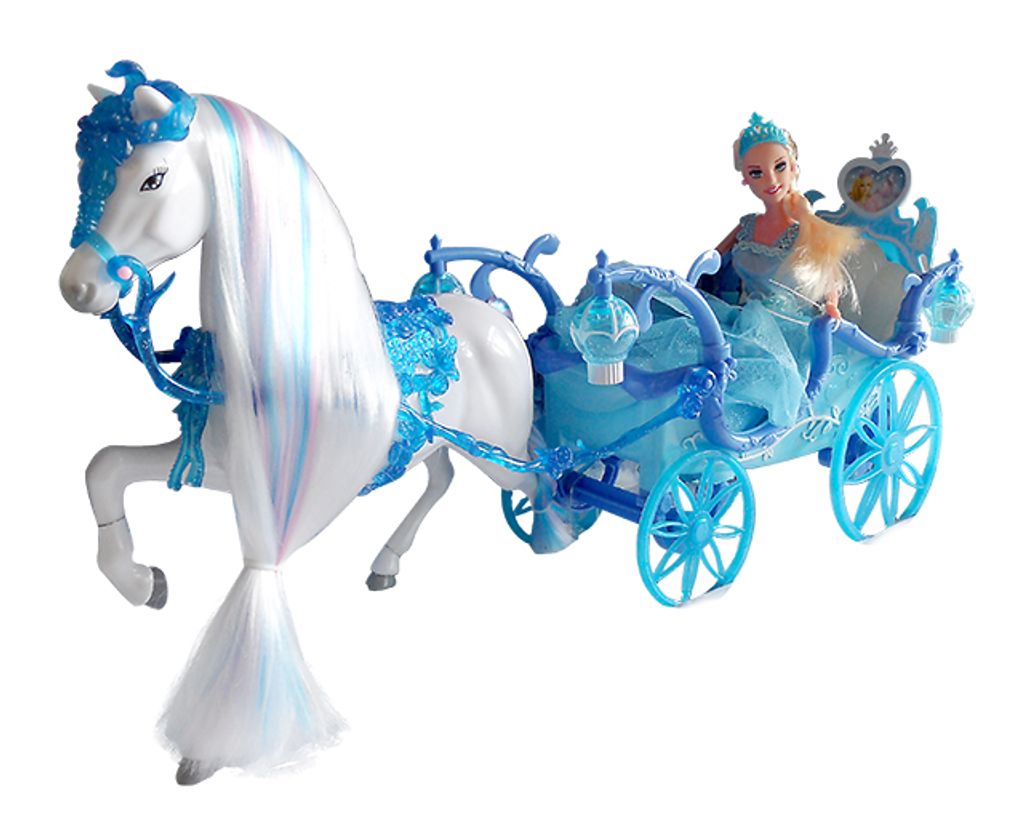 Amelia Eis-Prinzessin blaue Kristall-KUTSCHE mit Licht Pferd und Princess Puppe 