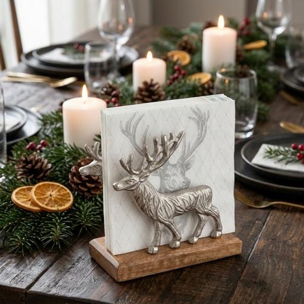 Serviettenhalter 16cm aus Holz & Metall mit Hirsch Design