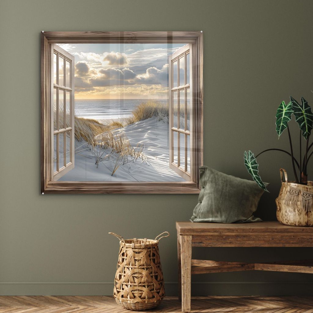 MuchoWow Glasbilder - Bilder auf Wandbild - Foto auf Glas Aussicht - Strand - Dünen - Meer - Natur 90x90 cm Wanddekoration aus Glas - Acrylglasbil...