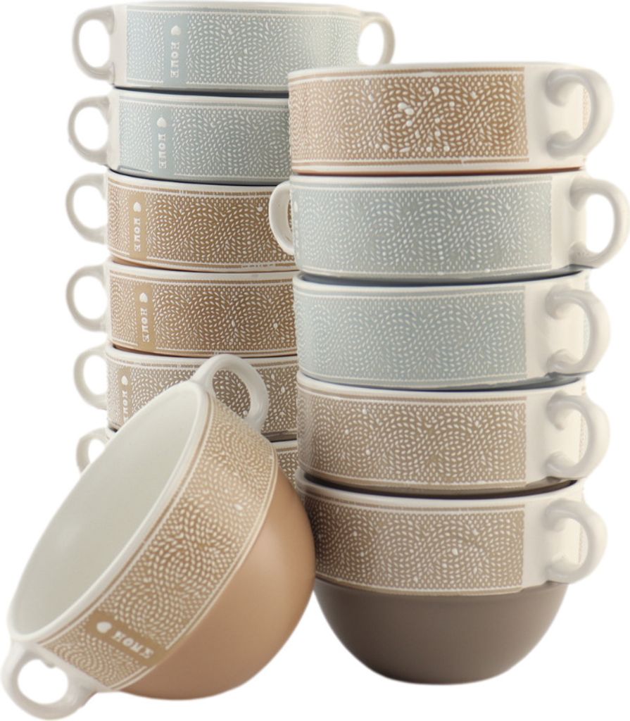 OTIX Suppenschüsseln mit Griff Set von 12 Stück Suppentassen 500 ml Verschiedene Farben Keramik