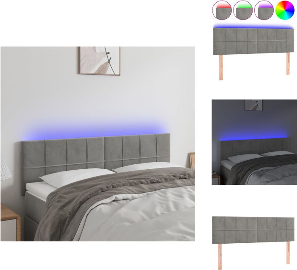 vidaXL LED Kopfteil Hellgrau 144x5x78/88 cm Samt - Kopf- & Fußenden