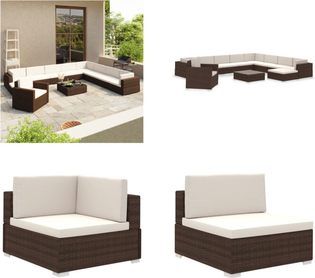 vidaXL 12 tlg. Garten Lounge Set mit Auflagen Poly Rattan Braun - Gartenmöbel Set - Gartenmöbel Sets - Gartentisch - Gartentische