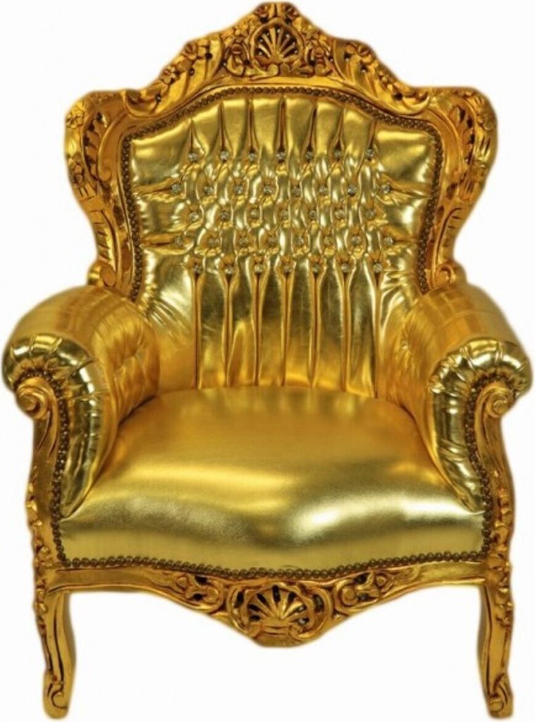 Casa Padrino Barock Sessel "King" Gold/Gold Lederoptik mit Bling Bling Glitzersteinen