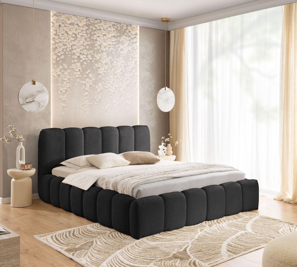 Polsterbett MIA 180x200 - Bett mit Bettkasten, Bubble Bett, Doppelbett mit Stauraum und Lattenrost, Schlafzimmer - Schwarz