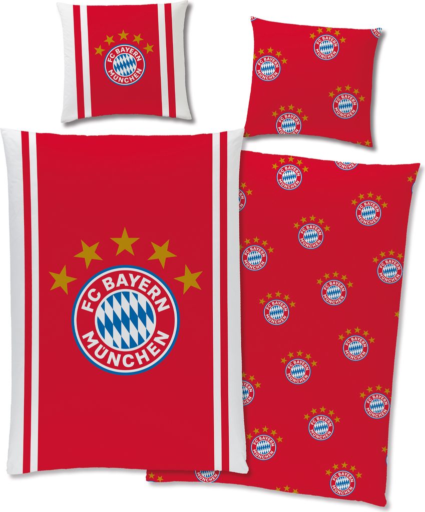 A collection of FC Bayern München branded bedding items, including pillowcases and a duvet cover, laid out on a white background.