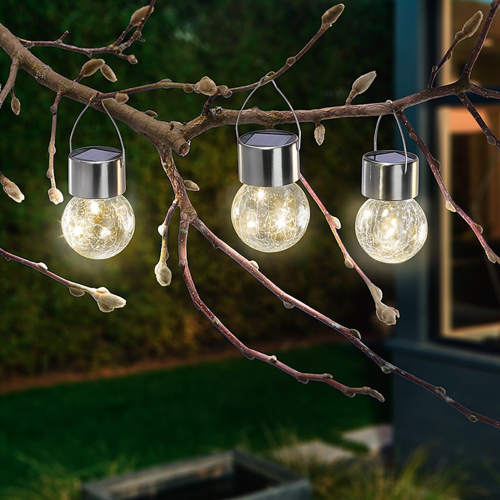 esotec Solar Hängeleuchten 3er-Set Crackle Balls warmweiß Produktbild 