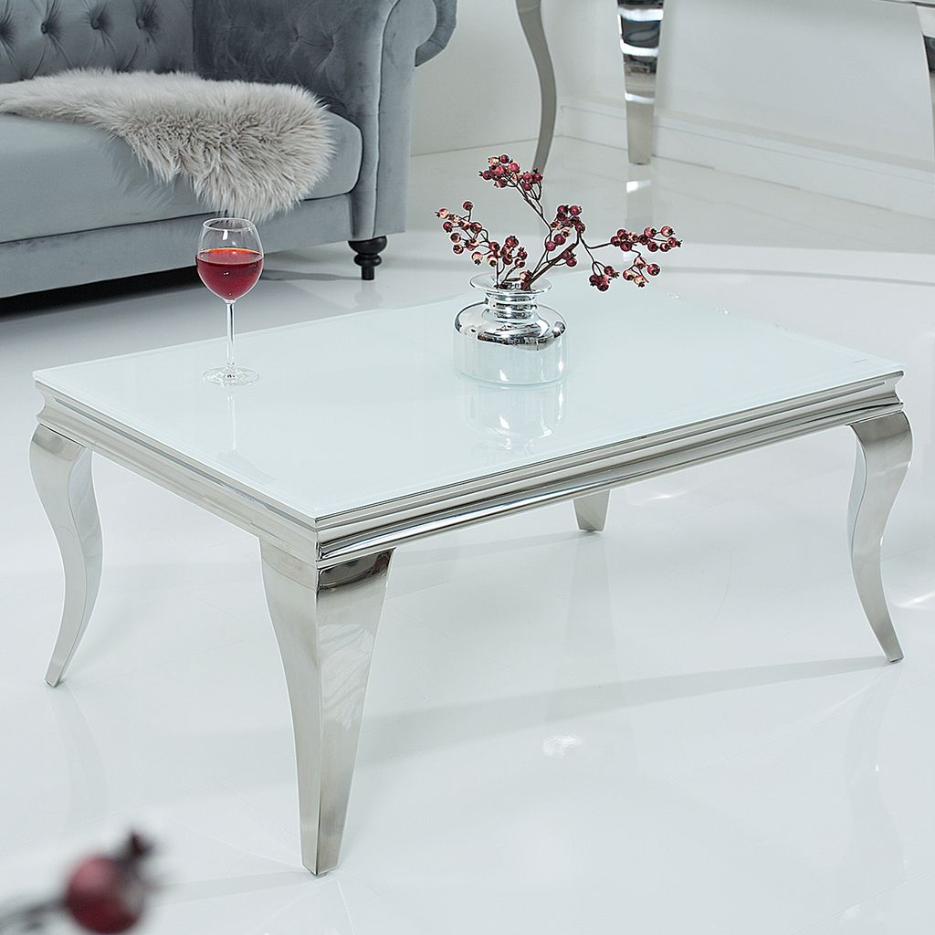Design Couchtisch MODERN BAROCK 20cm silber mit weißem Opalglas  Wohnzimmertisch Sofatisch Beistelltisch