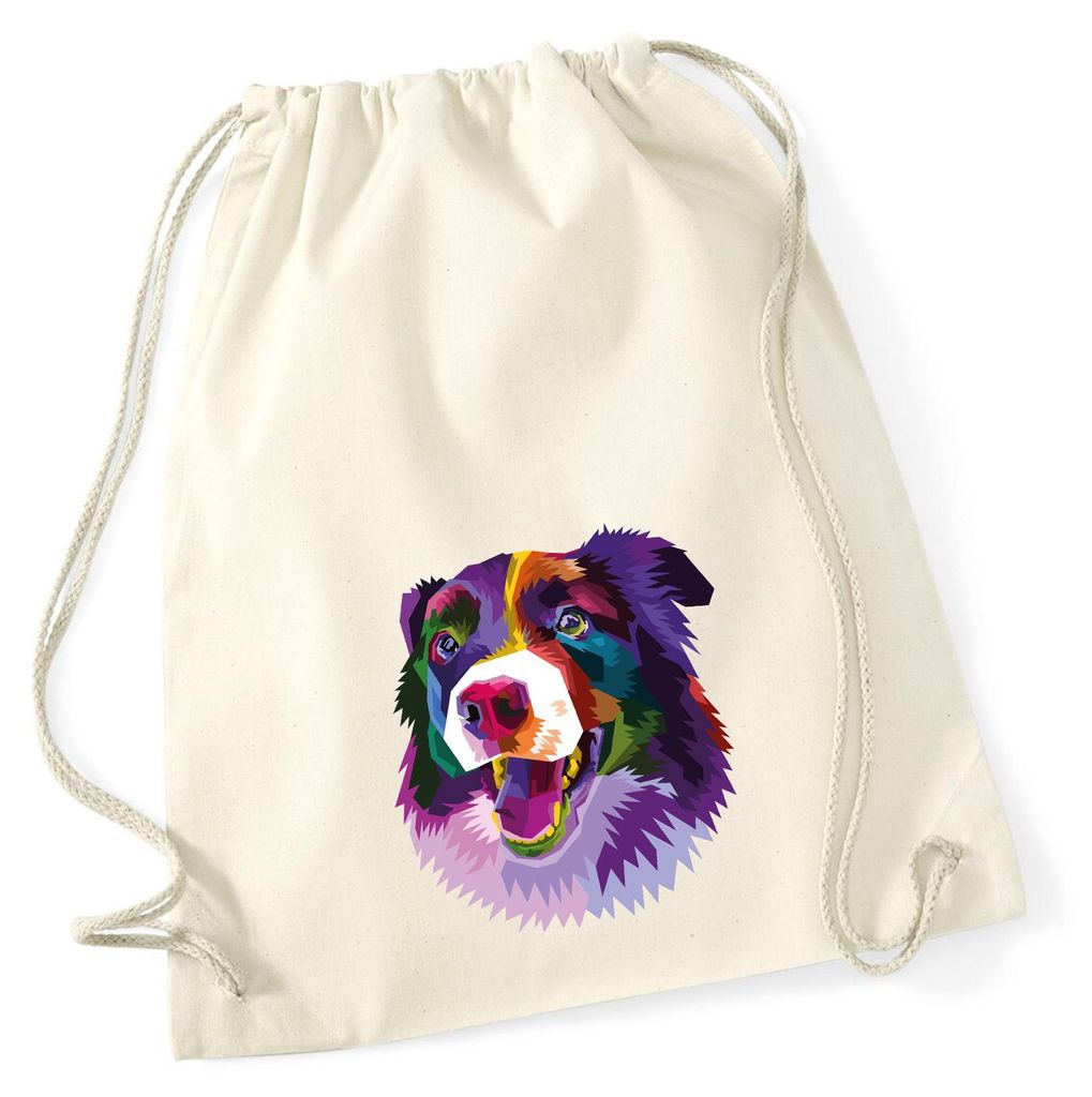 Huuraa Turnbeutel Border Collie Colorful 12 Liter Natural Baumwolle Rucksack Geschenkidee
