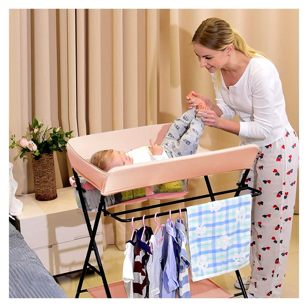 Klappbarer Wickeltisch, Baby Wickelkombi mit Handtuchhalter, Sicherheitsgurt & Ablagefächern, Mobiler Wickeltisch platzsparend, stabil & ergonomis...