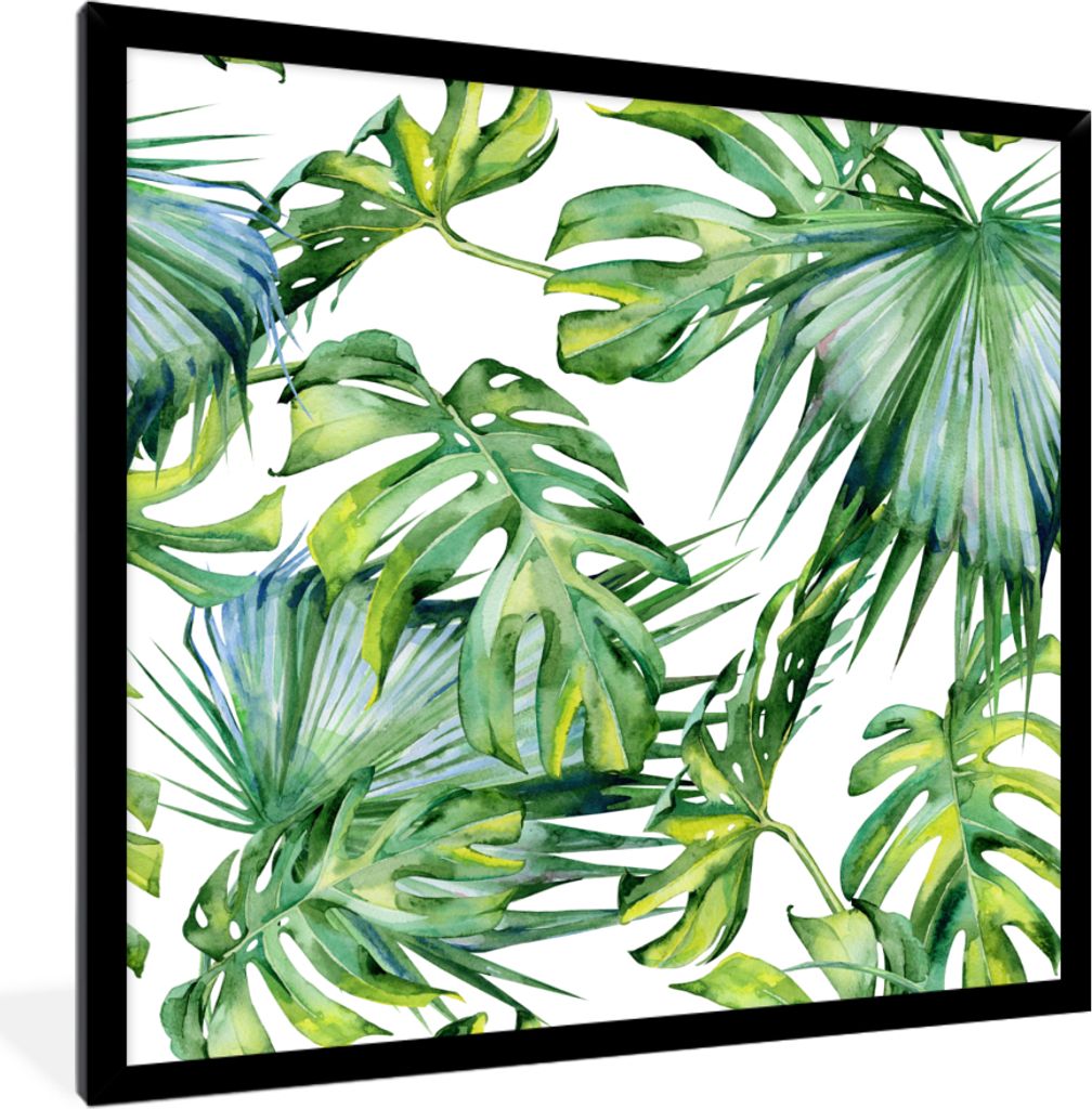 MuchoWow MuchoWow Gerahmtes Poster Monstera - Muster - Aquarell - Mädchen - Kinder - Jungen - Kinder 40x40 cm - Poster mit zchwarzem Bilderrah...