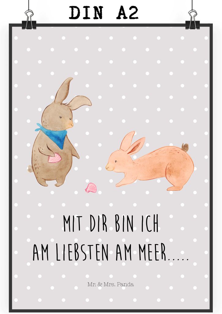 Mr. & Mrs. Panda Bild Hasen Muschel DIN A2 - Grau Pastell - Geschenk, Strand, drucke, Best Friends, Wandbild, Meer, Muttertag, Plakat, BFF, wanddek...