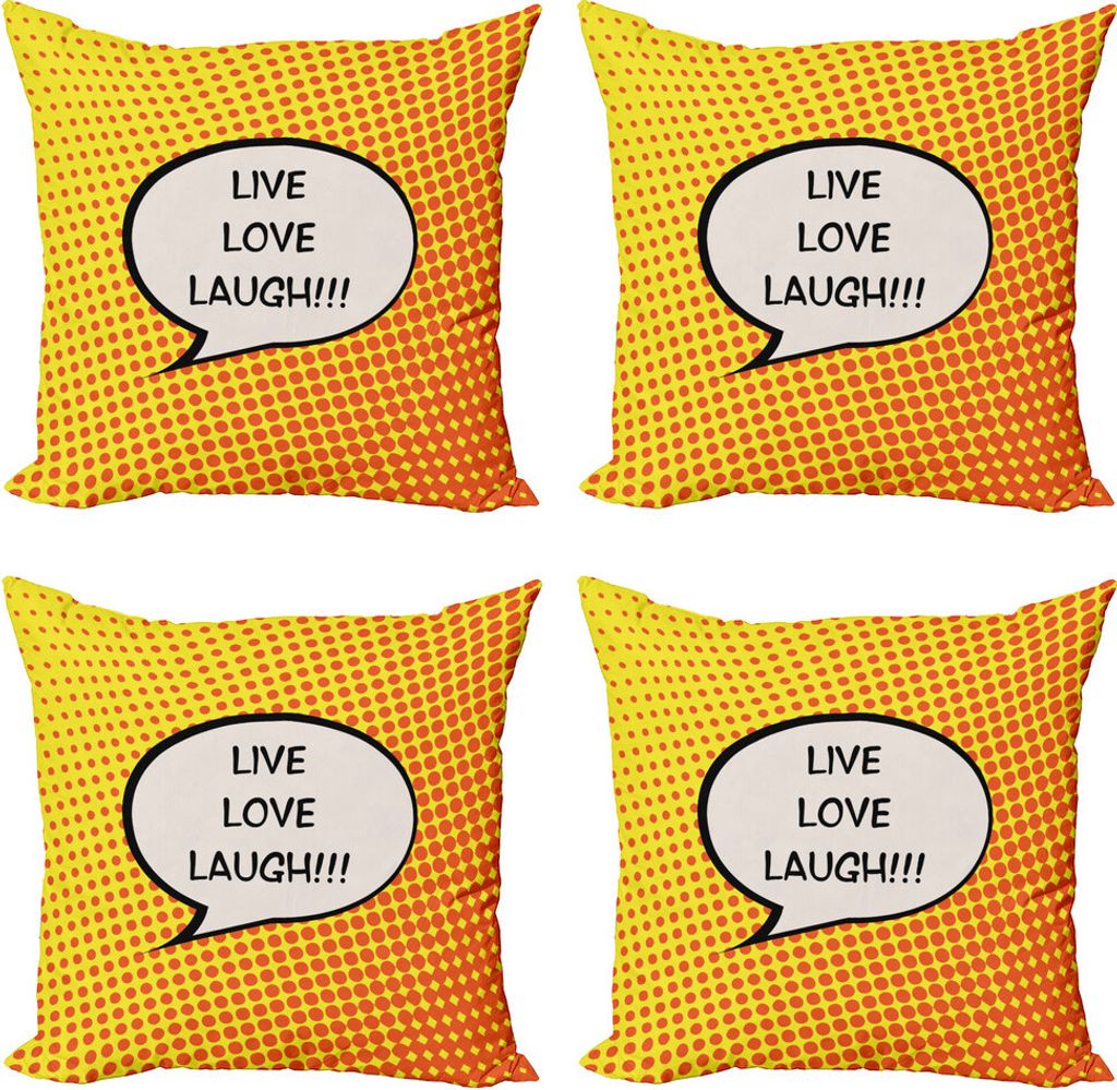 ABAKUHAUS Lebe lache Liebe Kissenbezug Set (4 Stück), Sprechblase, Moderner Doppelseitiger Digitaldruck, 45 cm x 45 cm, Orange Gelb-Schwarz