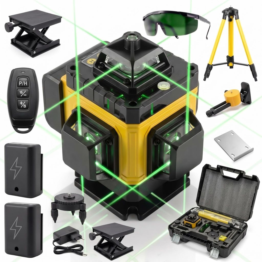 Kreuzlinienlaser 4D 16 Linien 360° Grün mit Stativ, Produktbild  KI-generiertes Bild