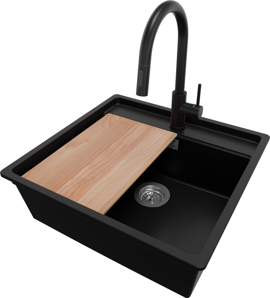 PRIMAGRAN Unterbauspüle Granit Schwarz 56x53cm, Spülbecken 1 Becken + Ablauf-Set + Küchenzubehörset, Granitspüle ab 60er Unterschrank - Bergen