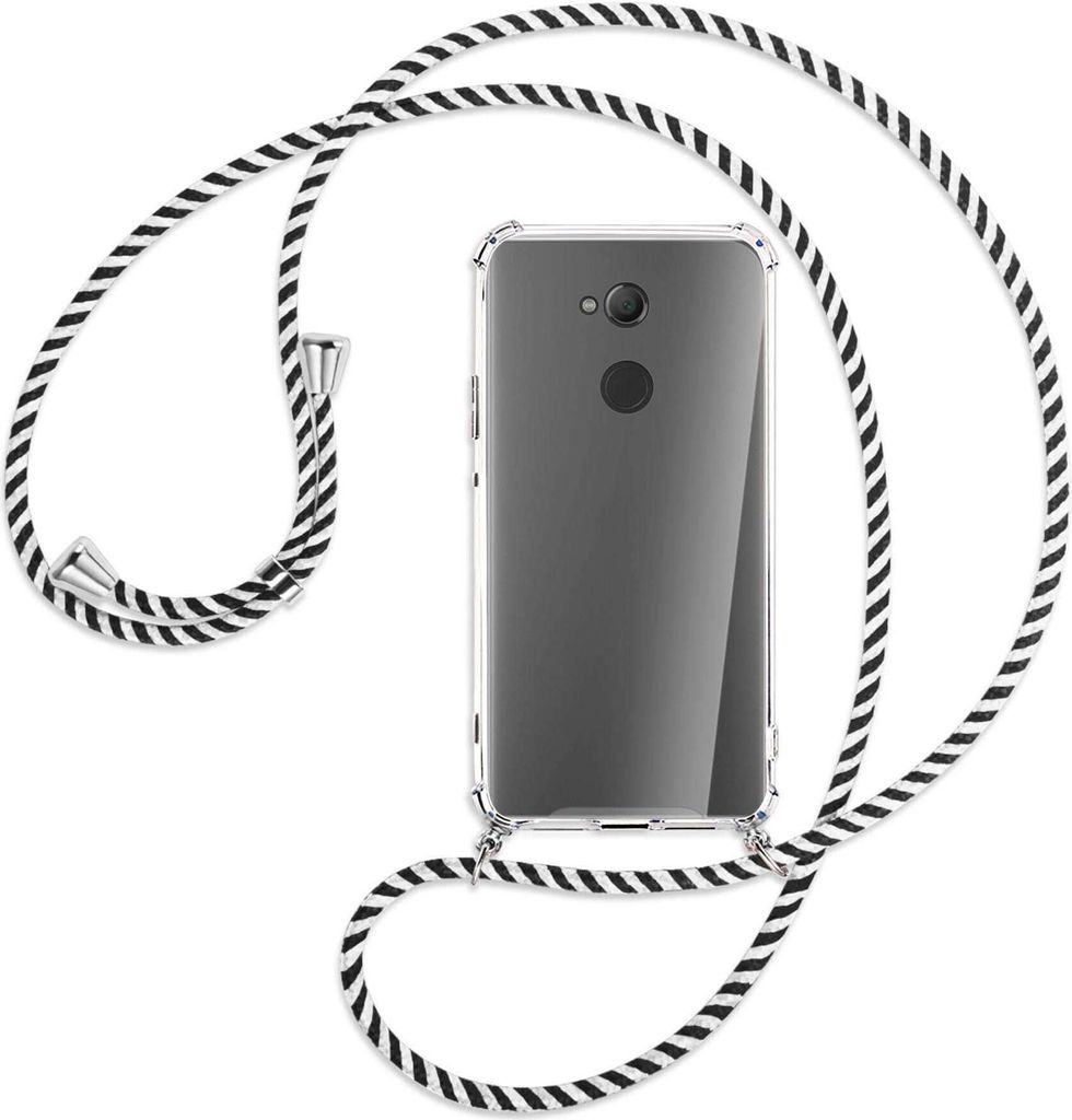 Handykette Backcover-Schutzhülle mit Band (Metall silberfarben) für Sony Xperia XA2 Ultra - schwarz/weiß gestreift