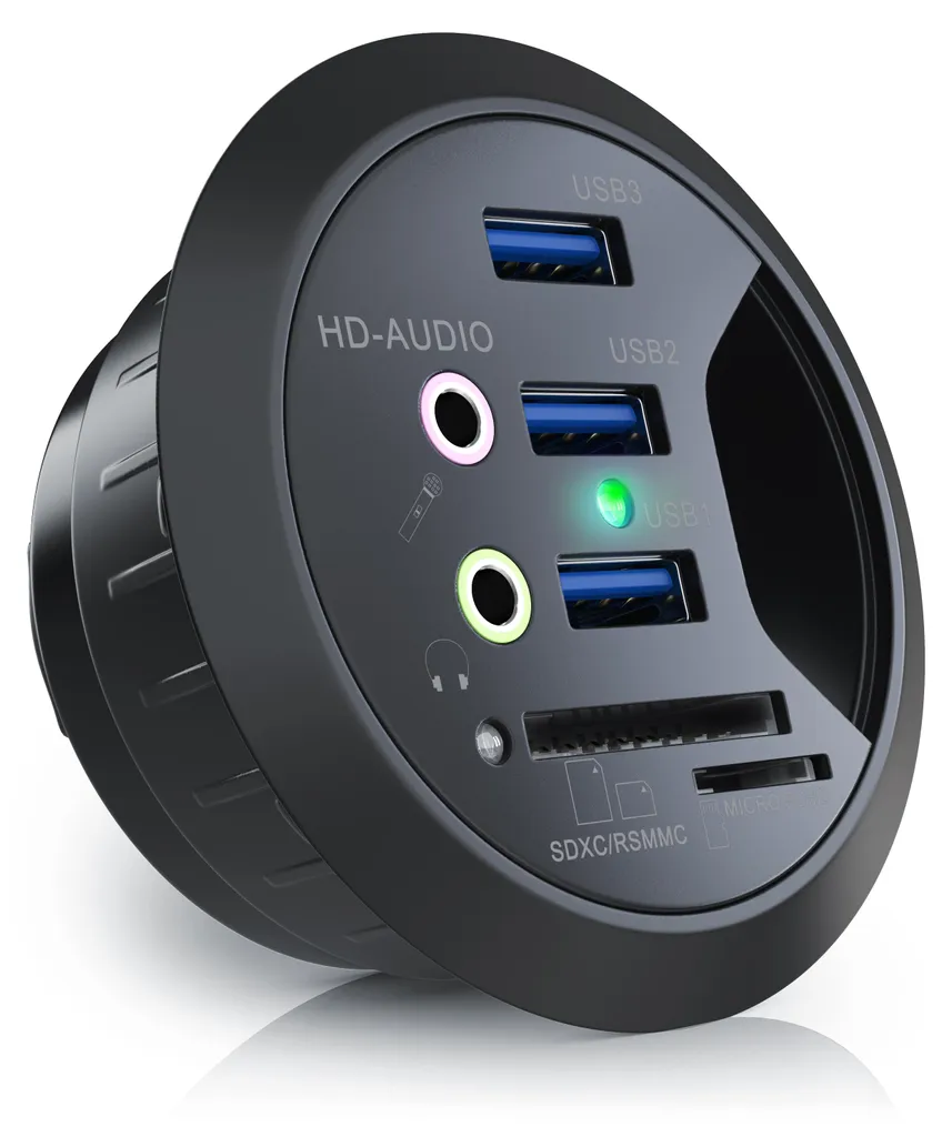 Hub USB Encastrable pour Bureau avec Lecteur SDXC et Entrée Audio Jack
