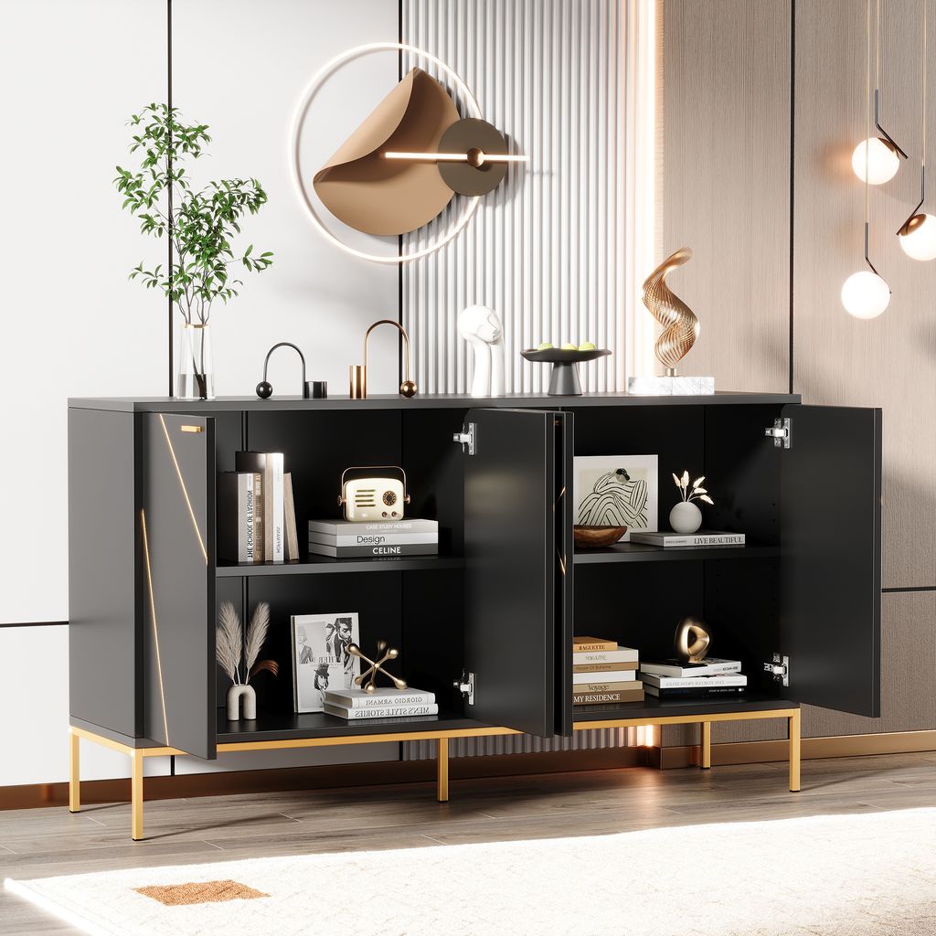 A modern black sideboard with gold accents, featuring open doors revealing shelves with decorative items and books, set in a well-lit room.