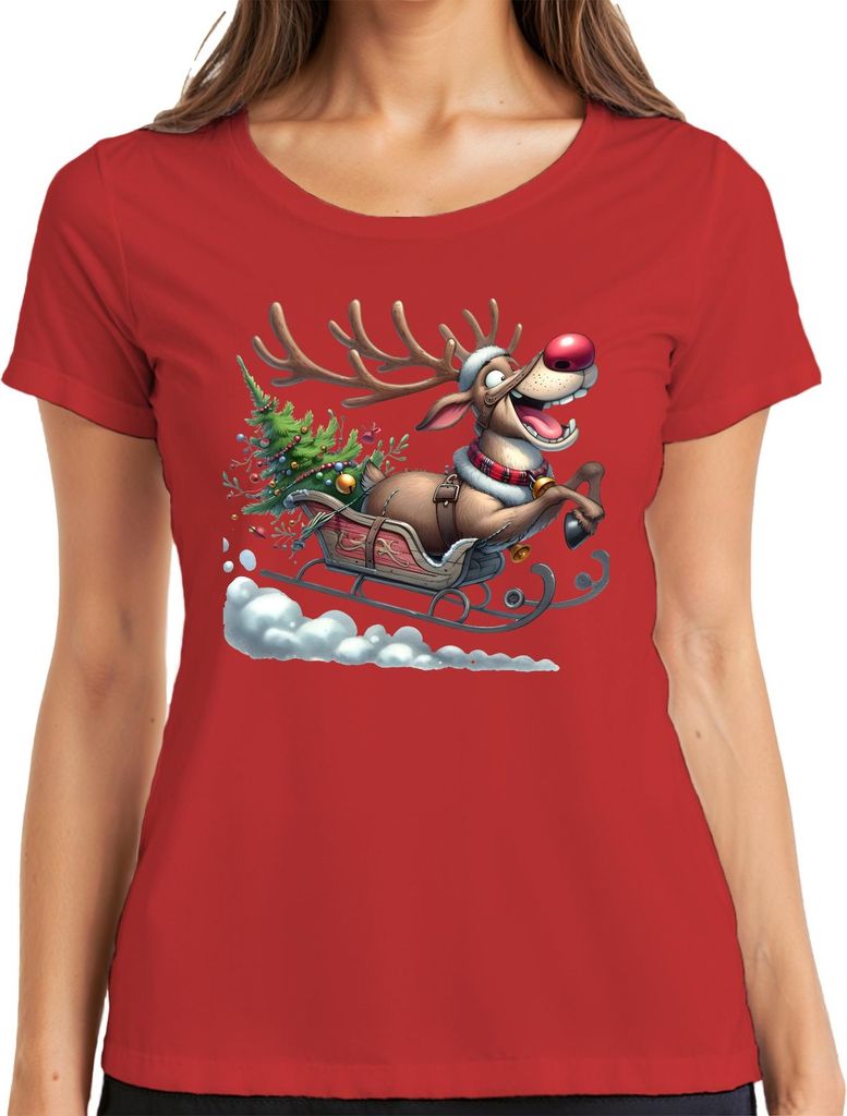 Rudolph Rentier Schlitten Weihnachtsbaum Glöckchen Cartoon Lustig Damen T-Shirt, Rot, L