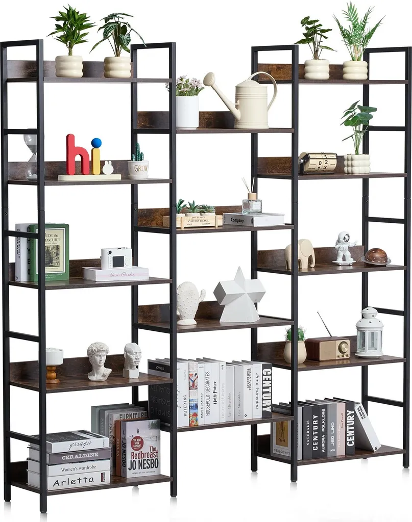 Bibliothèque rustique étagère de stockage en métal 6 niveaux 176x30cm