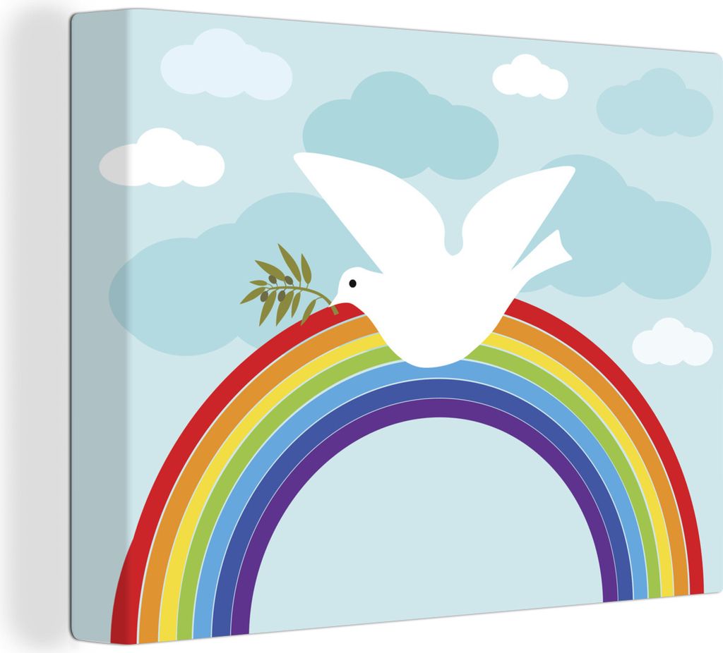 MuchoWow - Leinwandbilder - Eine Illustration einer weißen Taube über dem Regenbogen, Wandbild, Wanddeko Bilder Wohnzimmer, 80x60 cm