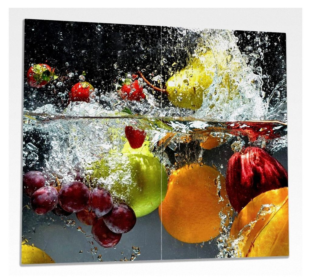 Herdabdeckplatte/Spritzschutz aus Glas, 2-teilig, 60x52cm mit 8mm hohen Füßen, für Glaskeramik- und Induktionsherde, Früchte im und unter Wasser