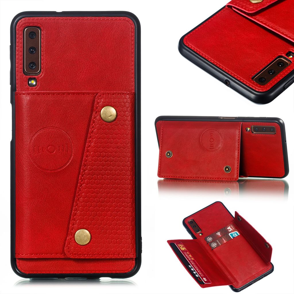 Für Samsung A750/A7 2018 Doppelte Schnalle rutschfest Handyhülle mit Karte Slot Bracket rot