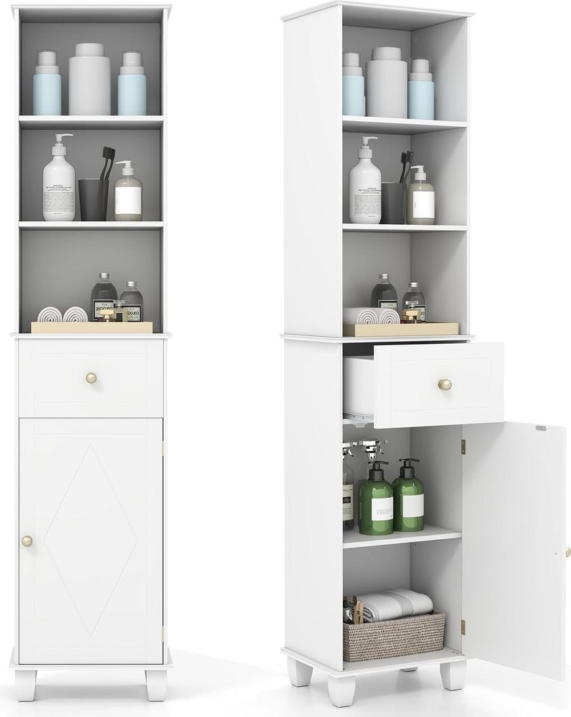 Hoher weißer Badezimmerschrank mit Regalen und Schublade Produktbild 