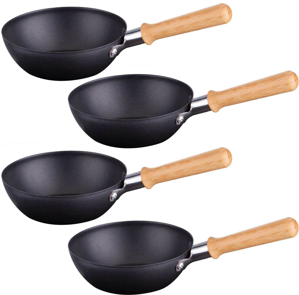 Syntrox Germany Wok-Pfännchen 4er Set mit Bambusgriff für Raclette