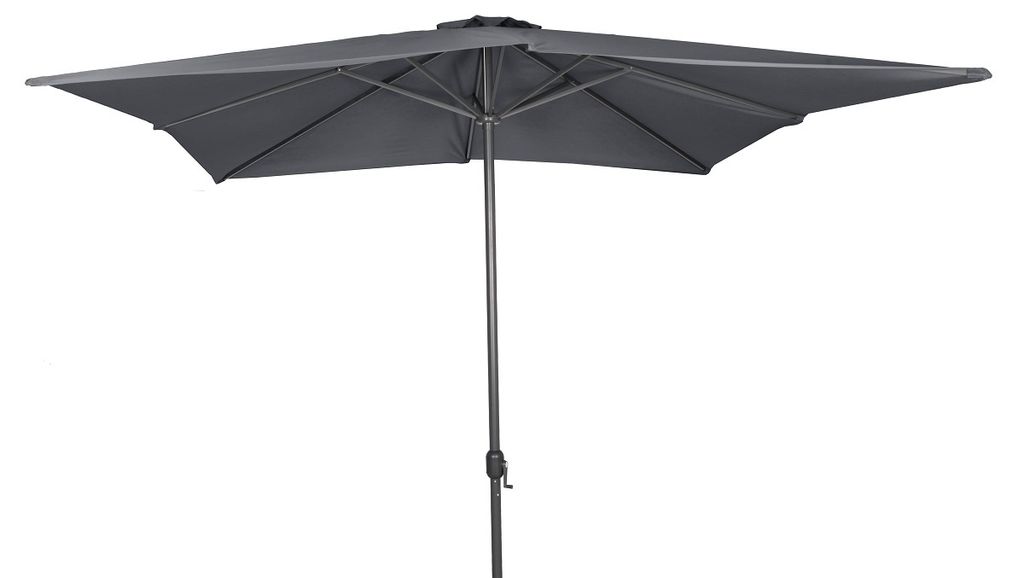 A dark gray square patio umbrella is shown against a white background.