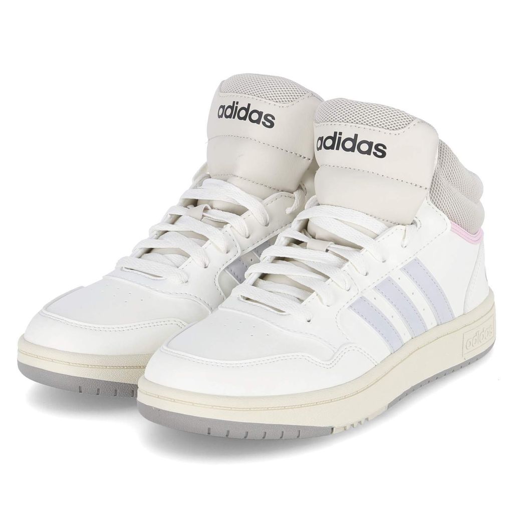 A pair of white Adidas mid-top sneakers with light purple stripes and pink accents.