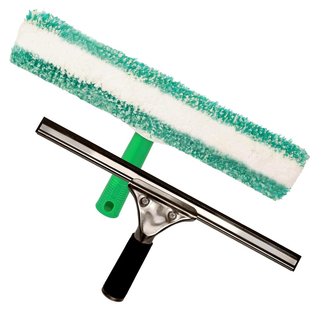 G.I.V. - Fensterreinigungs Set - T-Träger mit abrasivem Mikrofaserbezug für hartnäckigen Schmutz + Fensterabzieher aus Aluminium mit Gummilippe ...