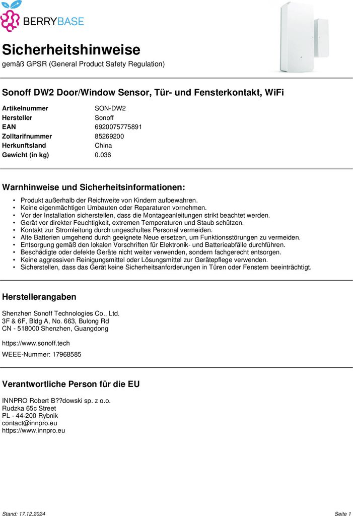Dverový a okenný senzor Sonoff DW2 WIFI Obrázok produktu 13