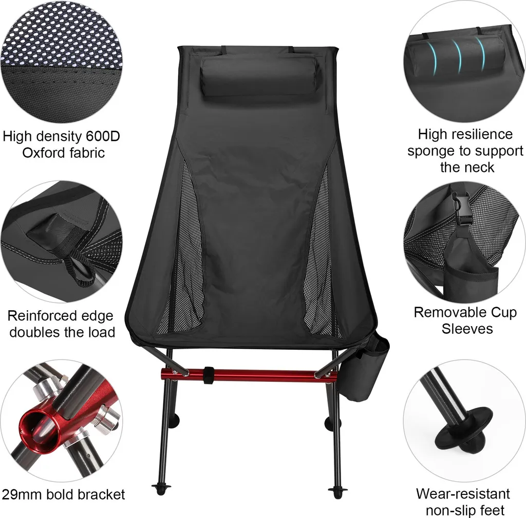 Chaise pliante de camping ergonomique grand confort modèle XL noir